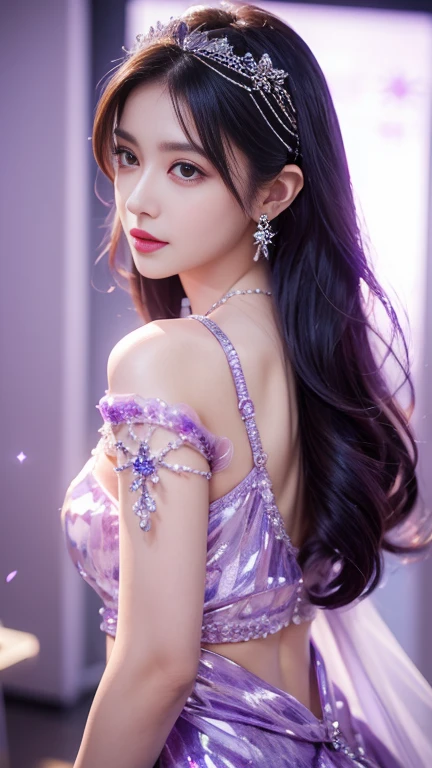 A beautiful 28 year old woman。Light purple crystal dress。Transparent dress。