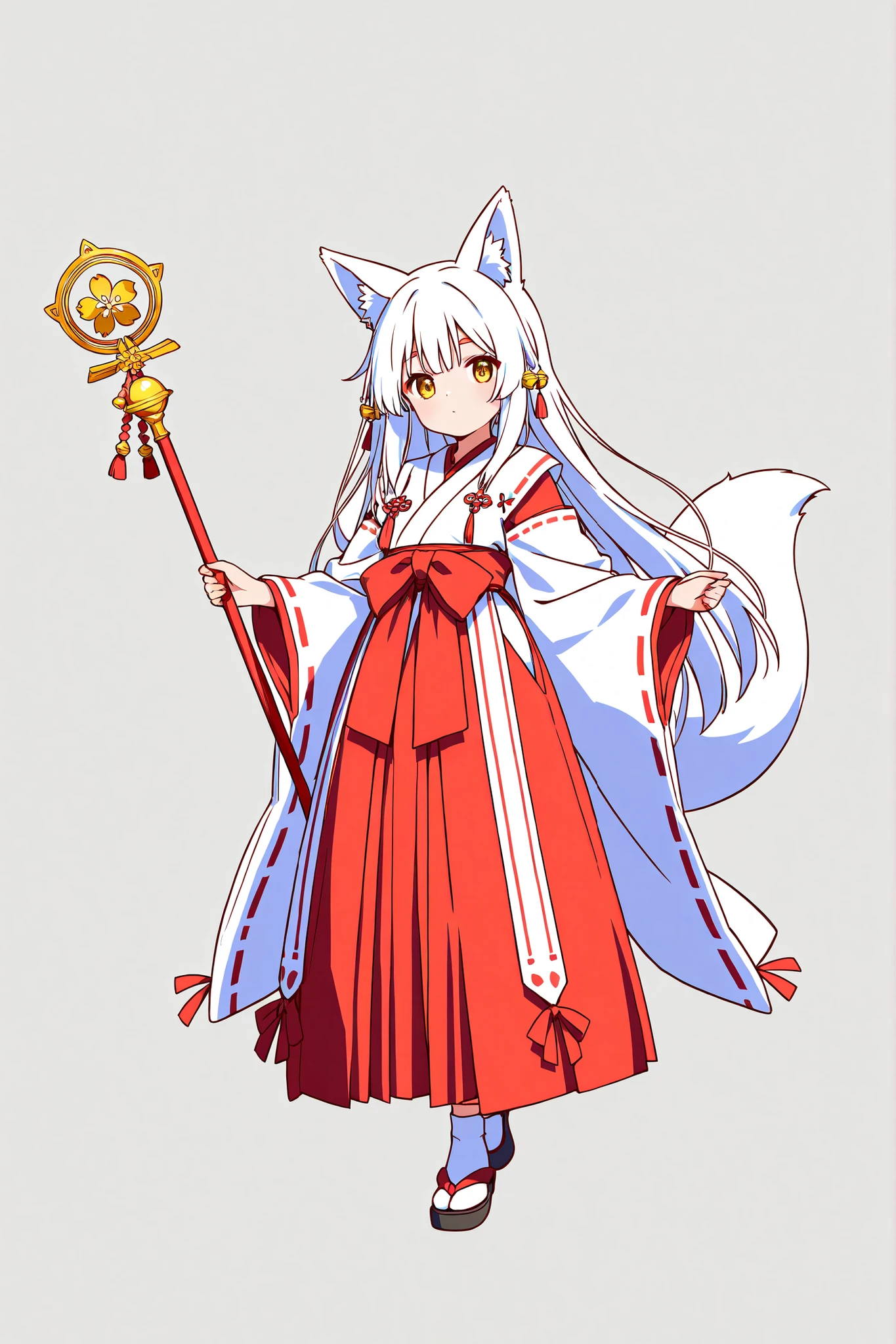 beautiful anime fox girl miko, long white hair, golden eyes, traditional red and white shrine maiden outfit, fox ears, holding a staff with bells, full body, standing pose, soft lighting, clean line art, white background