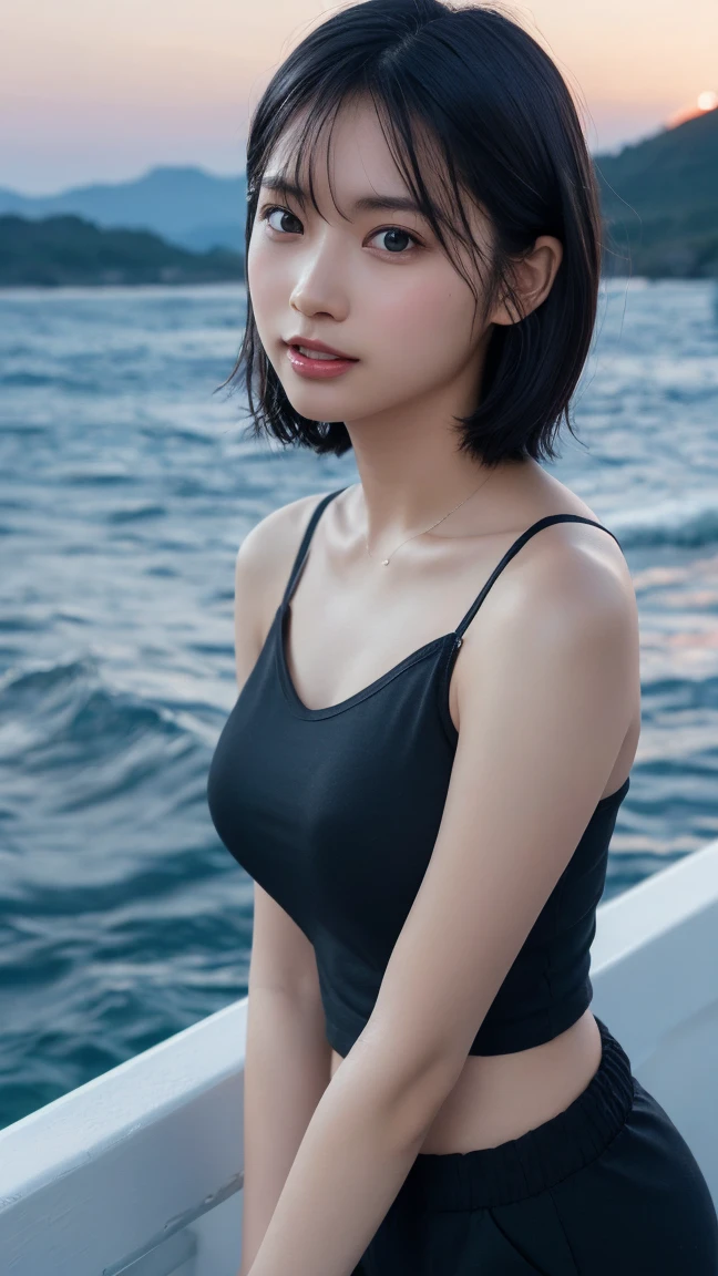 best quality, 1 Girl, dark blue hair, black eyes, Very short hair, Spiky hair, tShirt white, High waist short white, 171 cm, Messy hair, Hair between the eyes, Medium breasts, full, Tomboy, aldult, 20 years old, 1 Girl with yatch black luxury at the sea