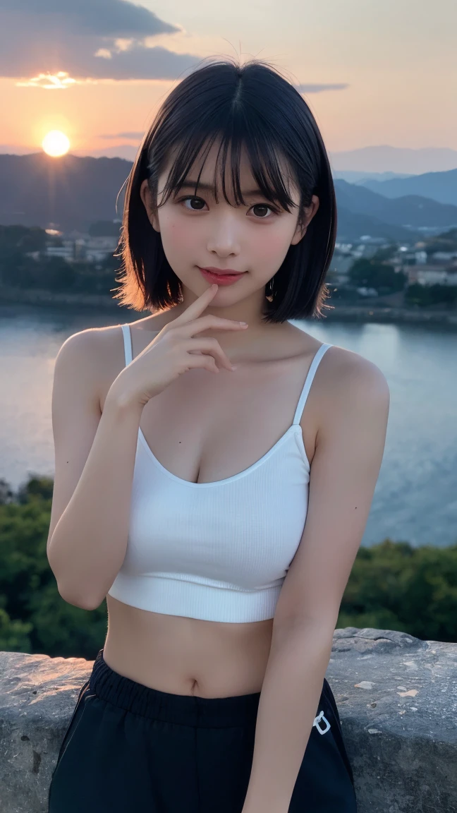 (8K, highest quality, Raw photo、masterpiece: 1.2), masterpiece、Super detailed, highest quality, ultra high resolution, professional lighting, photon mapping, radio city, Physically based rendering, cinematic lighting, Depth of written boundary, i concentrate,1 girl,24-years-old、 (((at the top of the mountain:1.4)))(full body shot), ((leggings))(looking at the viewer:1.3) medium breasts, cute, white skin、looking at the viewer, light smile, wide opening, professional lighting, Sony α7R4, Zecy 50mm F1.8, medium breasts,
