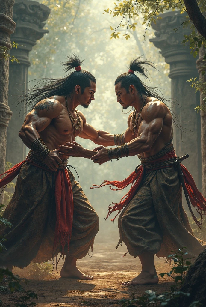 A group of 3 friends aged 13 and 24, They are talking about how to defend themselves from the enemy army when they invade the city 14 years of blue hair, The 14-year-old boy with straight hair with his back uncovered and his chest bare but dressed in typical clothes of ancient Egypt with dark skin walking lost through the different streets of a city is noon. doferentes angulos mira la ciudad desde lo slto de una colina.