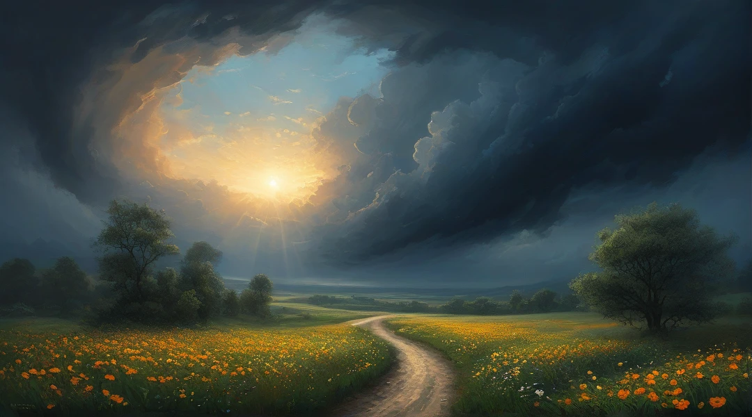oil painting landscape, cinematic lighting, dramatic lighting, autumn storm weather, black clouds, rain