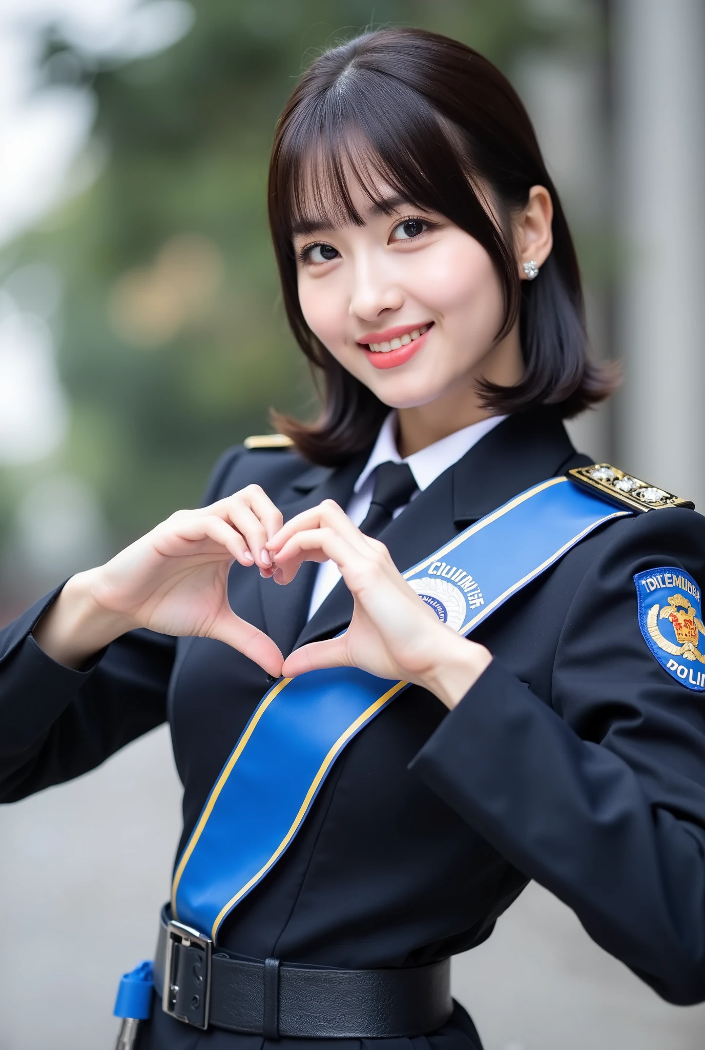 Create a portrait of a very beautiful Japanese female singer. She has a slender physique, medium-sized bust, and slim legs. Her hair is medium-length. She is dressed in a Japanese police uniform as a "one-day police chief," with a sash reading "一日警察署長." Capture her smiling, making a heart shape with both hands. The shot should be a cowboy angle, emphasizing her charm and the uniform's details.