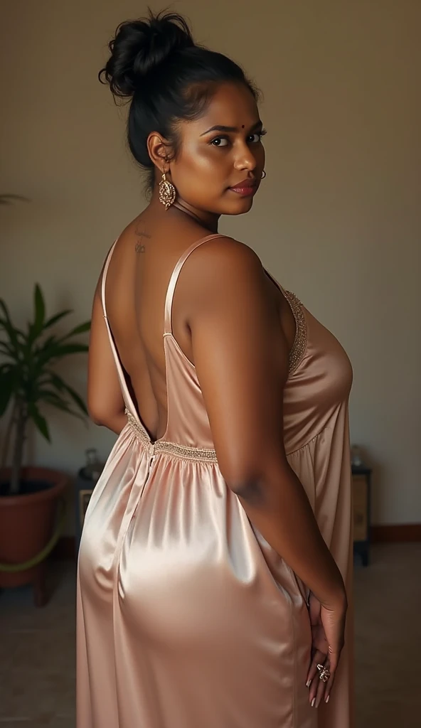 Day scene, A 25 year old beautiful South Indian plus sized woman , golden colour transparent chiffon short nighty wearing women in bed room, full body image, photo taken from distance