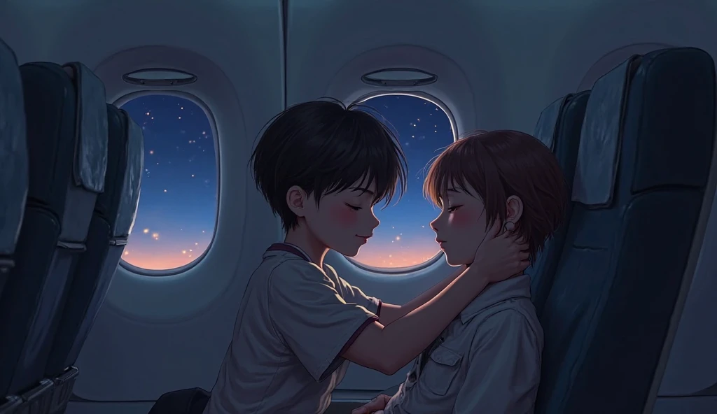 A girl sitting in the first row of flight and the window opposite to her was open where golden light was shining on her and a boy was seeing it from behind