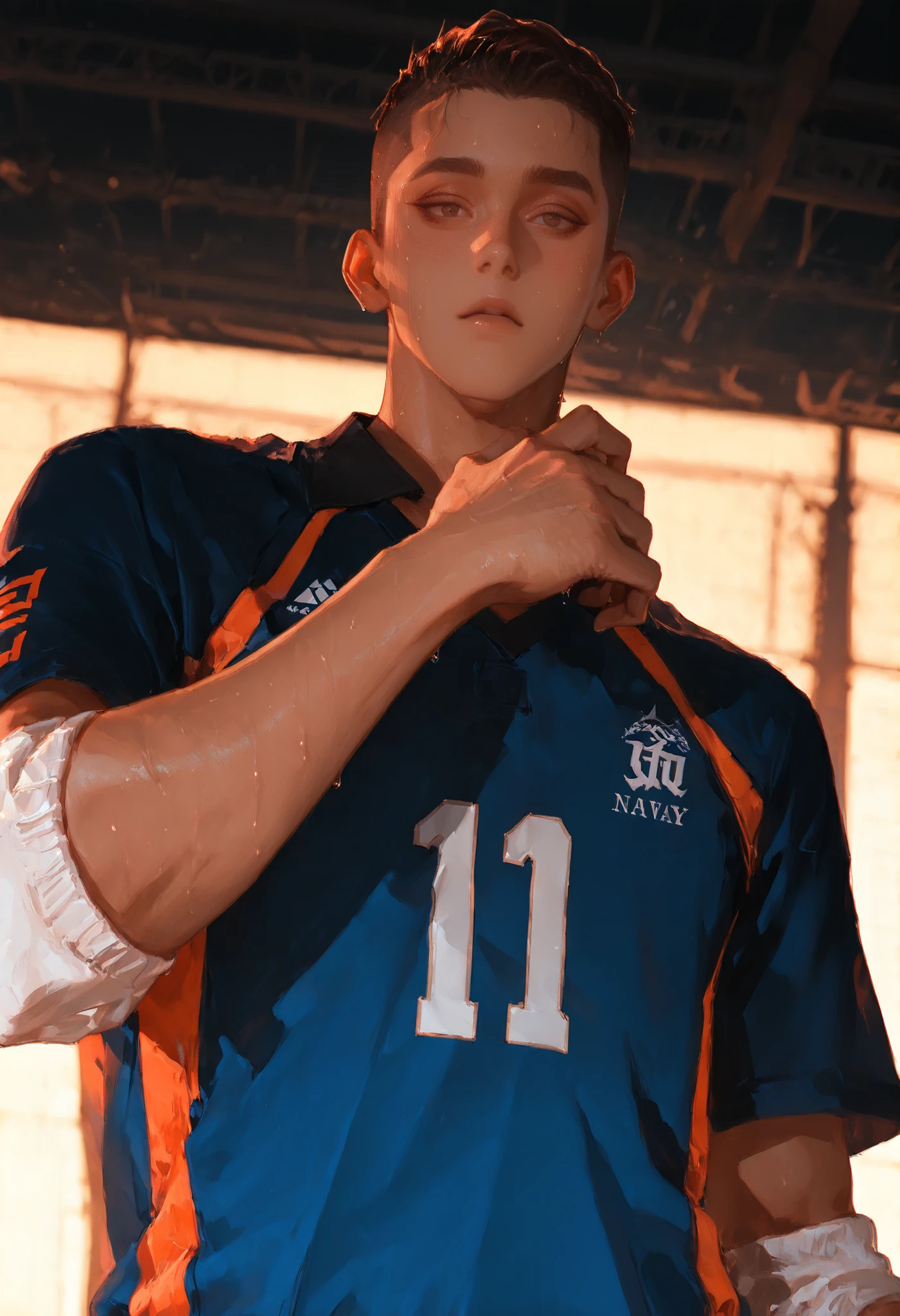 (masterpiece, best quality, amazing quality, very aesthetic, high resolution, ultra-detailed, absurdres,optimal quality, wide-angle lens), from lower view, half upper body portrait,looking down at viewer, solo, handsome, a man, boy, young boy, around 19 years old, a male volleyball player with jet-black, buzz-cut close to his scalp, sharp deep brown eyes, tanned skin, strong jawlines, sweat, wiping sweat on his face with the back of his hand.He wears a navy blue with orange stroke volleyball uniform – matching jersey and shorts. set in the match. Dynamic warm lighting, anime-style,dramatic shadows. Cinematic lighting.