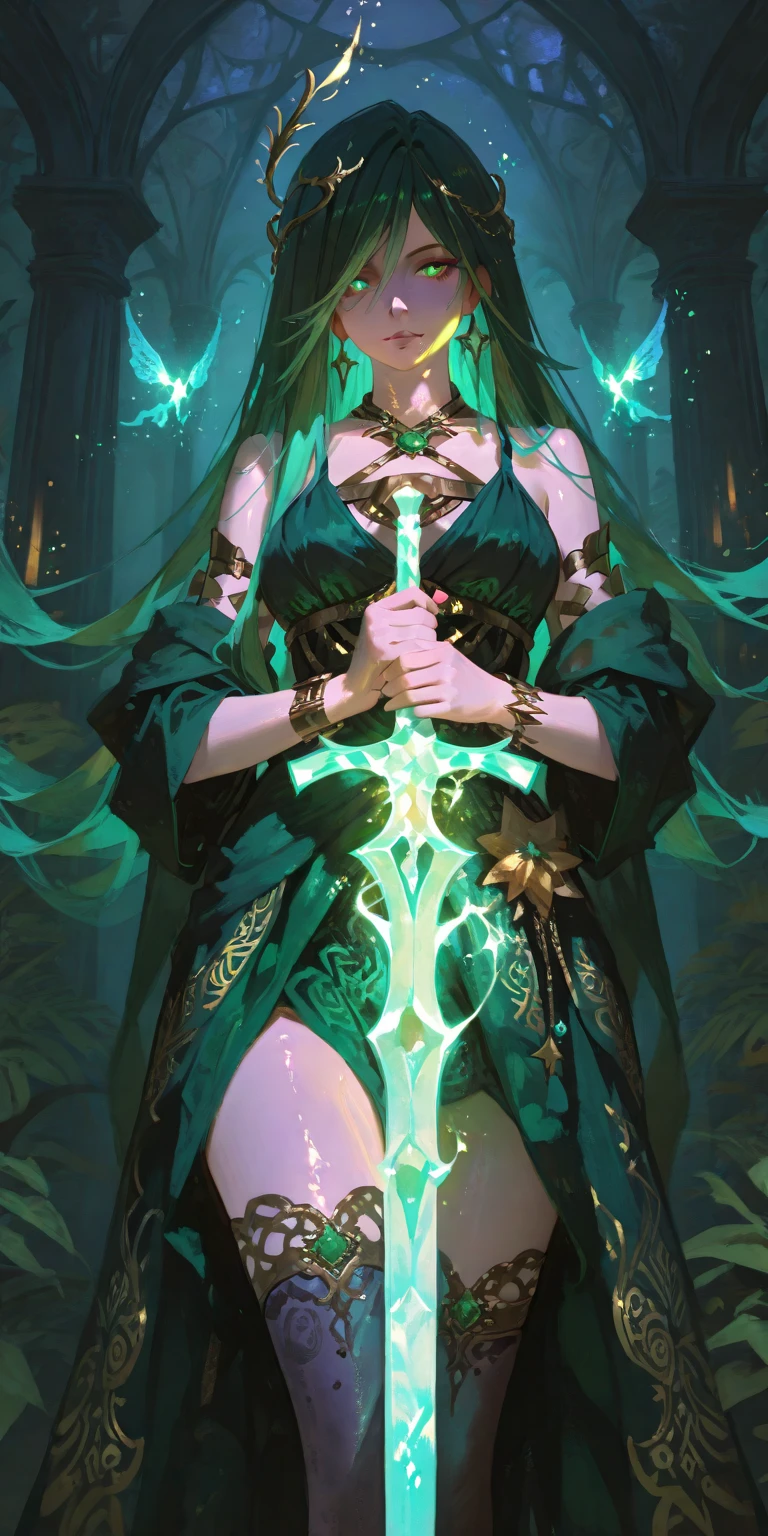 full body display、Magician Woman、24-years-old、Green, large brim hat、Wears a long green cape、Green bodysuit、More exposed skin、Beautiful Face、Green long hair、He is chanting a spell with a serious face.、The body is facing forward、holding a staff with a jewel shining at the tip、The cane is held in front、The background is the forest、Half of its body is from the same family as Mori.、