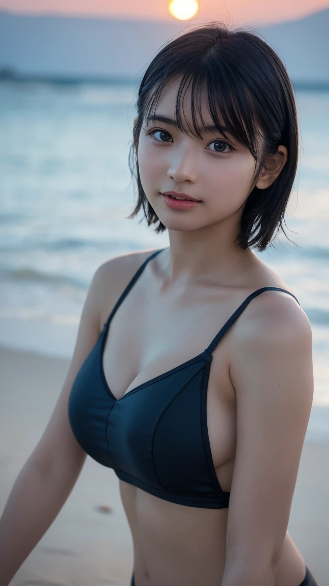 (Mastepiece, highest quality:1.4), (From above:1.2), masterpiece, highest quality, Very detailed, shape,, Hanekawa Short Hair, 1 girl, Cute face, Face close-up, whole body, , black eye, Colorful Hair, Black Hair, Gray Hair,, Swimwear,, Detailed Background, mksts style, Beach, sunset,