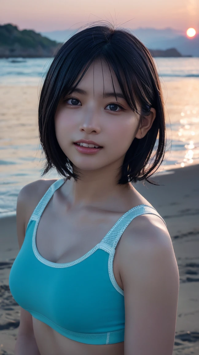 (8K、RAW Photography、top-quality、masterpiece:1.2)、(realisitic、Photorealsitic:1.37)、女の子1人、japanes、25-years old、femele、during daytime、sea side、swim wears、wet swimsuit、natural soft light、(Front view)、dark brown hair、bob cuts、详细的脸、Detailed lips、detailedeyes、More skin、二重まぶた、a wet body、perfectbody、Trained abs、shinny skin、Make eye contact with the camera