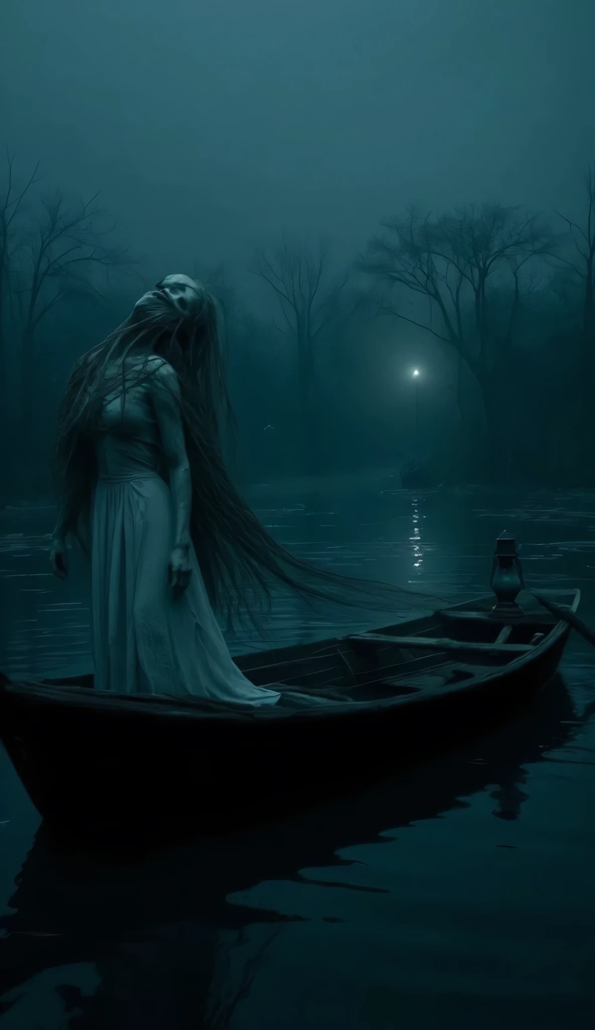 A dark, creepy river scene at midnight in rural Vietnam, with an old wooden boat floating alone. In the water, a long-haired, headless of a woman in a white dress, her hair tangled in the boat's propeller, with a ghostly face in the distance. The background is misty, with dead trees and a dim oil lamp on the boat. The atmosphere is haunting, ominous. Legendary, scary,