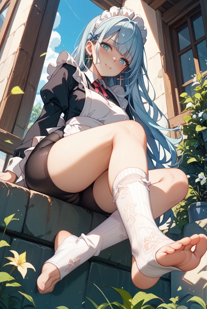 Une fille avec des long cheveux blancs,Blue eyes,she sits at the foot of a giant tree with pink leaves in a plain 