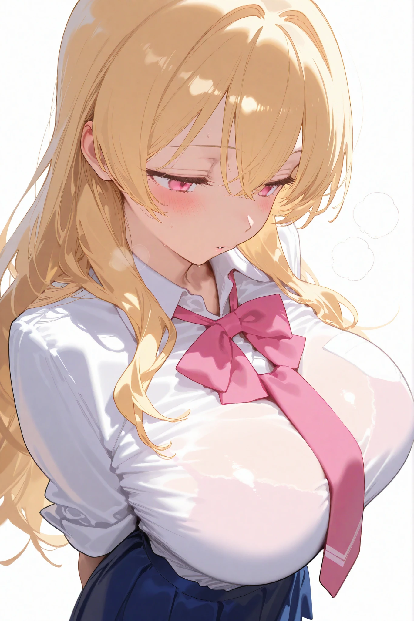 Long blonde hair woman in brown pants and white shirt, 1 girl, long hair, chest, solo, blonde hair, shirt, tie, blue eyes, big breasts, blush, white shirt, looking at the viewer, pants, long sleeves, sitting, hair between the eyes, collared shirt, red tie, belt, mouth closed