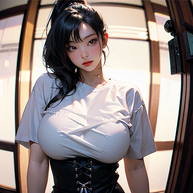absurdres, RAW photo, extremely delicate and beautiful, masterpiece, Best Quality, ultra high resolution, 16k, hyperrealistic, ultra-detailed, perfect anatomy, super Detailed skin, perfect figure, Very detailed CG 8k wallpaper, in her 20s , delicate facial features, tearful mole, earring, (very huge round breasts:1.2), (full body shot:1.1), (1 girls:1), short hair, (wavy hair:1.1), (), sleeveless, unbotton shirt, super mini skirt , inside modern dark classroom , Minimalist sexy transparant outfit, off shoulder