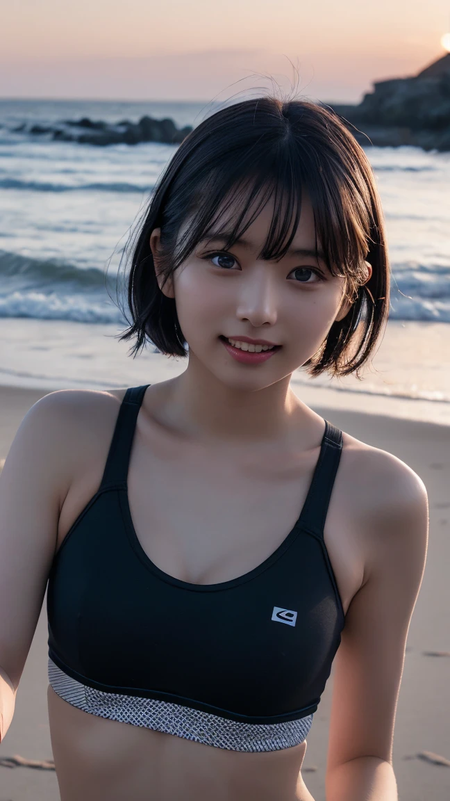 40-year-old Japanese woman、Black Hair、Hair is very short、Twin tails、Hatsune Miku Costume、Headphones、Flat Chest、Realistic photos、Realistic、8K quality、expensive、No bangs、Seaside、Swimwear、High resolution, Highest quality, Anatomically correct, Winner of numerous awards, Ultra high definition, 