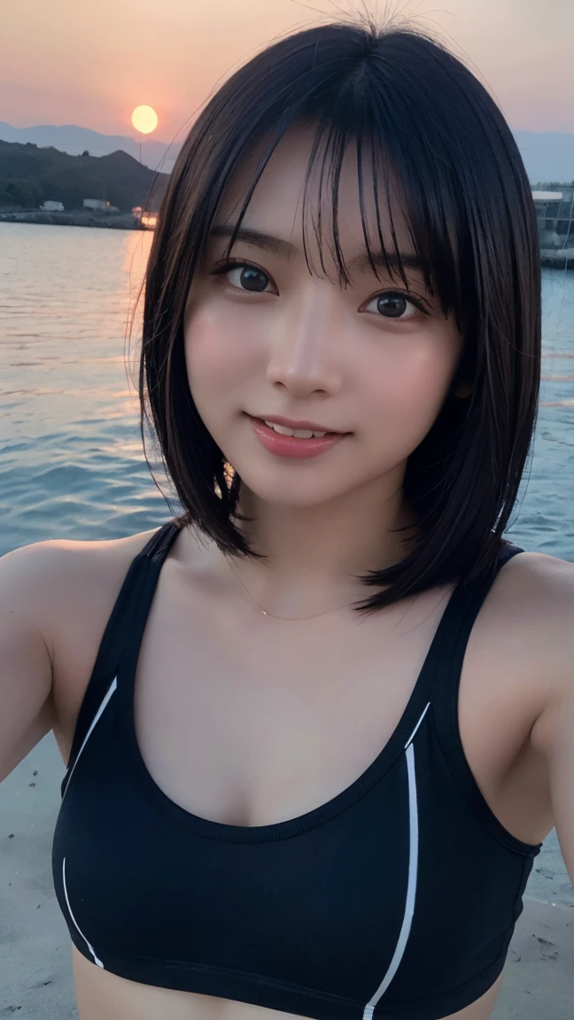 (Best quality, 8k, masterpiece: 1.3), a pretty girl with perfect figure: 1.4, (teens, high school student), (black hair, huge breasts), (blunt bangs:1.2), bikini, in the pool side, highly detailed face and skin, detailed eyes, double eyelids, smile
