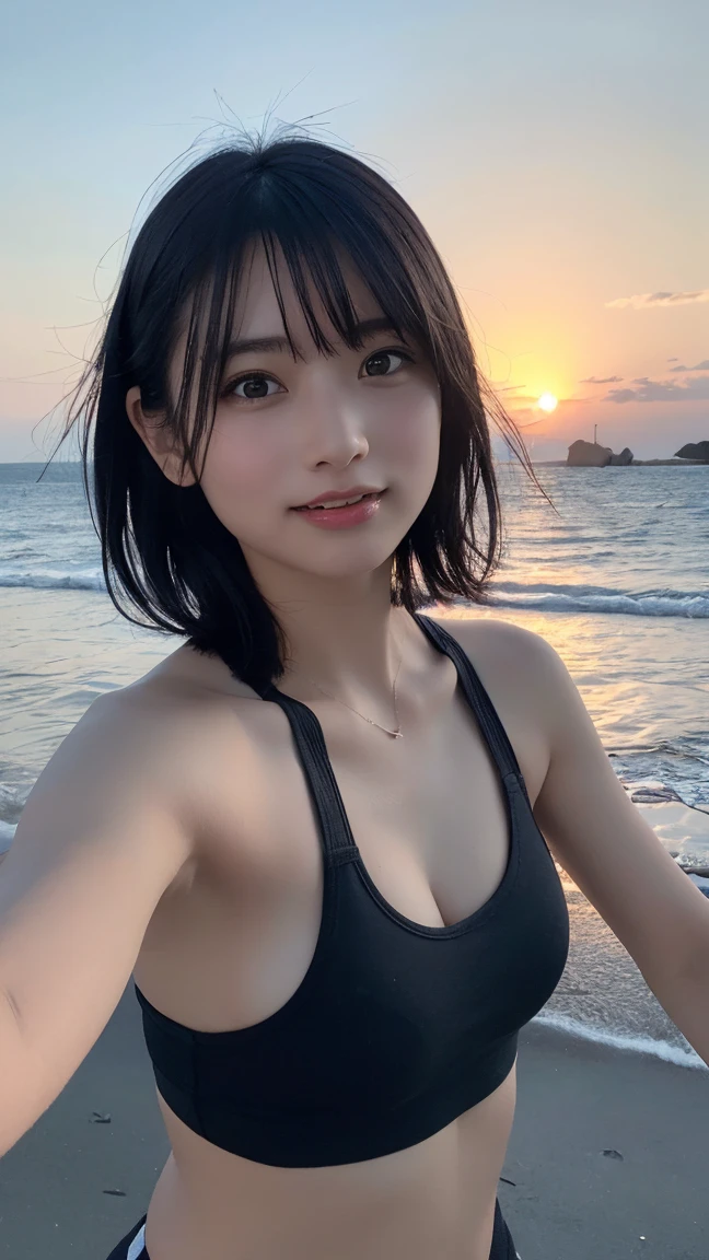 Sea view, Blake Background Only Rock Formation:1.6, Break Foreground only Sandy beach :1.6, evening, sunset, Ocean Waves, Water reflection, Anatomically completely correct:1.6, ((1 Japanese girl)), Very short bob cut:1.2, blush, Shyly, 17 years old, Open the mouse a little, Showing off Slightly Swelled Lower Buttocks from ブーティーショーツ:1.2, Moderate ASS, (bikini),  Beautiful ass, Brown Hair, Wet Hair, Hilarious:1.0, smile:1.0, Ecstasy:1.0, [[Puff out your cheeks]], Viewers looking straight back:1.2, Dynamic Angle,, whole body, SFW:1.2, break , RAW Photos, Highest quality, masterpiece, Realistic, PhotoRealistic, Highly detailed 8k wallpaper, Beautiful and detailed eyes, Detailed painted face, High key lighting, Professional Lighting, Cinema Lighting, Side Lighting, Bokeh、((One person))、