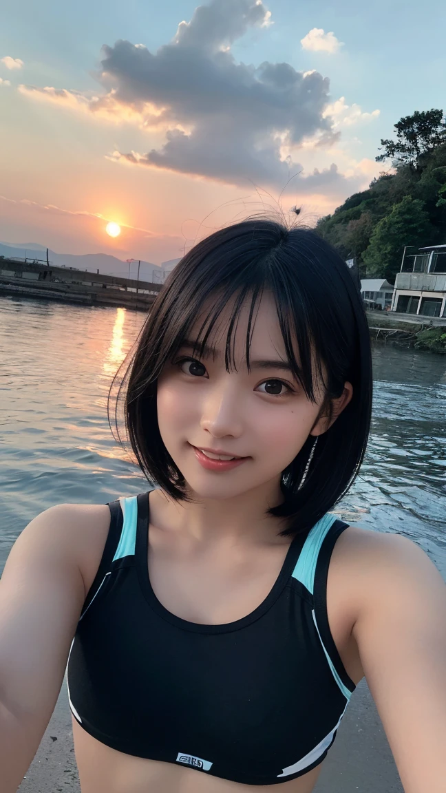 masterpiece, Highest quality, Ultra-high resolution, (Photorealistic photography: 1.4), ((1 Girl, White skin: 1.4, Kneel, From above, Looking up at the audience, Face close-up, 19 years old, cute, cute, Black Hair, Bob_cut, short hair, Big Breasts: 1.6)) (Bikini Swimwear: 1.3, A simple two-tone blue and black swimsuit, Shiny shiny shiny swimsuit, Glossy swimsuit with reflective surfaces, Soaking wet: 1.2) (Portrait of a famous actress of Japan), (smile, Happy, Joyful, Hilarious, Close your mouth), (Breasts sandwiched between arms and chest), Eye for detail, A truly pure white background, Long neck, bangs, Eyelashes, Big eyes