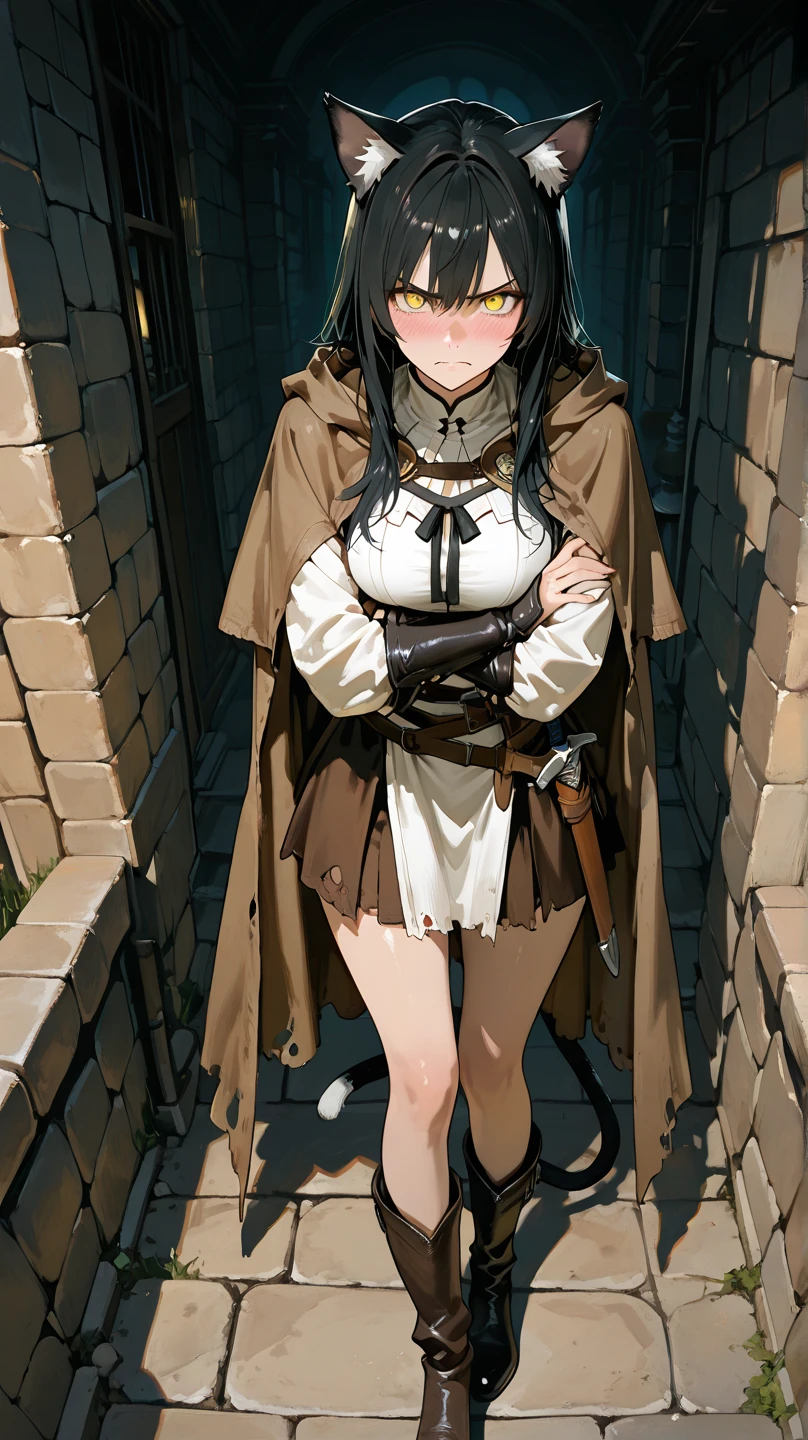 (((((middle age woman))))), masterpiece, ultra detailed, 8k portrait, RAW photo, portrait photography, highly detailed face, ((Fantasy)), 1 woman, (((slutty woman priest))), nervous, sweaty, (((standing))), (((Error-filled face))), 33 years old (((((odor))))), (((small eyes))), (((straight black hair))), ((long sideburns)), (((white skin color))), (((white and blue tunic and skirt))), (((((skirt flip))))), (((((skirt hold))))), (((show panties))), (((hooded white long tattered patchwork cloak))) fluttering in the wind, (((little waist hip pouch))), (((leather boots))), (((holding a long wood cane))), Midday Sun, hyper realistic, (((flat chest))), big butt, (((thick thighs))), Long legs, in the medieval adventurer's guild, Ambient lighting, Shadow details , Camera focus on thigh, strong breeze, Light fog