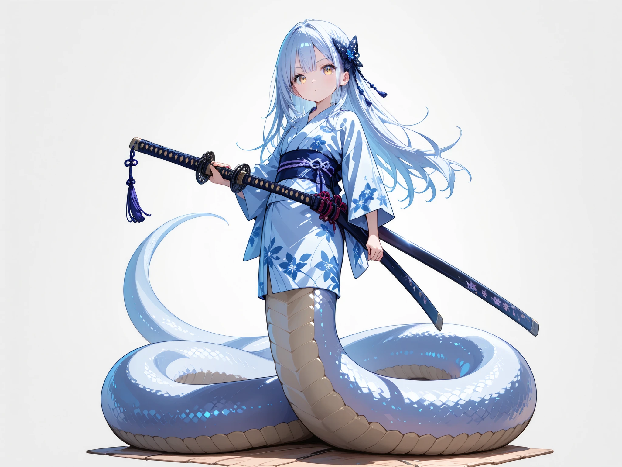 Young girl、Light blue、long hair、yukata,Young girl、lace hair ornament、lamia、No background,,full body, standing,katana,