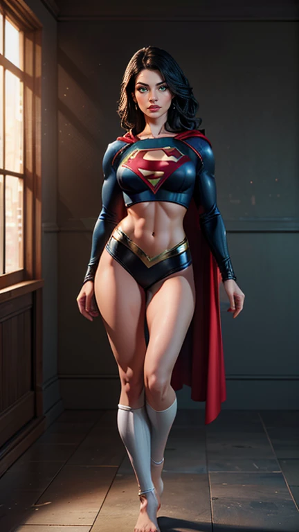 (best quality,4k,8k,highres,masterpiece:1.2),ultra-detailed,(realistic,photorealistic,photo-realistic:1.37), vivid colors, bokeh, HDR, studio lighting, extreme detail description, physically-based rendering, ultra-fine painting, sharp focus, professional, portraits, sexy supergirl, beautiful detailed eyes, beautiful detailed lips, green eyes, short black hair, black and silver outfit, red cape with a midriff, full body, UHD 8K