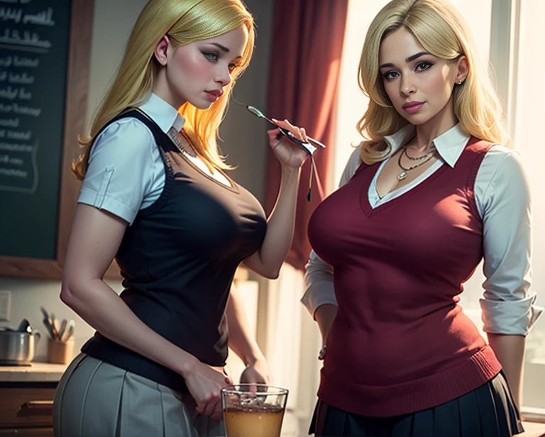 Realistic photo of Donald Trump, the waiter, serving chicken wings to lively and outgoing girls dressed in a very short shirt with a lot of cleavage and a very small and wet thong. He looks authentic, with grease and sweat. --auto