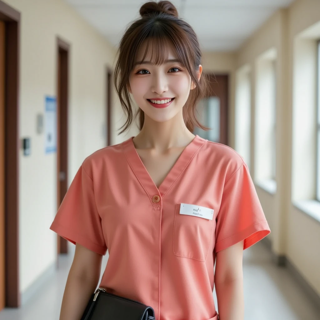 (Highest quality: 1.5), (Realistic: 1.5), (1 person: 1.5), Very detailed, High resolution, 8k,Natural color lips, Cute Smile, Japanese women, 20-year-old girl, Beautiful and elegant features, Perfect and beautiful face, Balanced big eyes, Beautiful and elegant features, Natural double eyelids, Natural Bangs, Beautiful thin nose, Beautiful Skin, Medium Bob Hair , Natural Bangs , Perfect and beautiful face, Slim face and figure, (Looking at the camera with a sweet smile), Bright lighting, Professional Lighting, Forward lighting, Beautiful feet: 1.2, Smooth Skin, Slender body, Slim waistline, slim thin thighs, Detailed clothing, (real short nurse uniform:1.2), (nurse:1.4), Ultra HD, Realistic, hospital, Light Pink