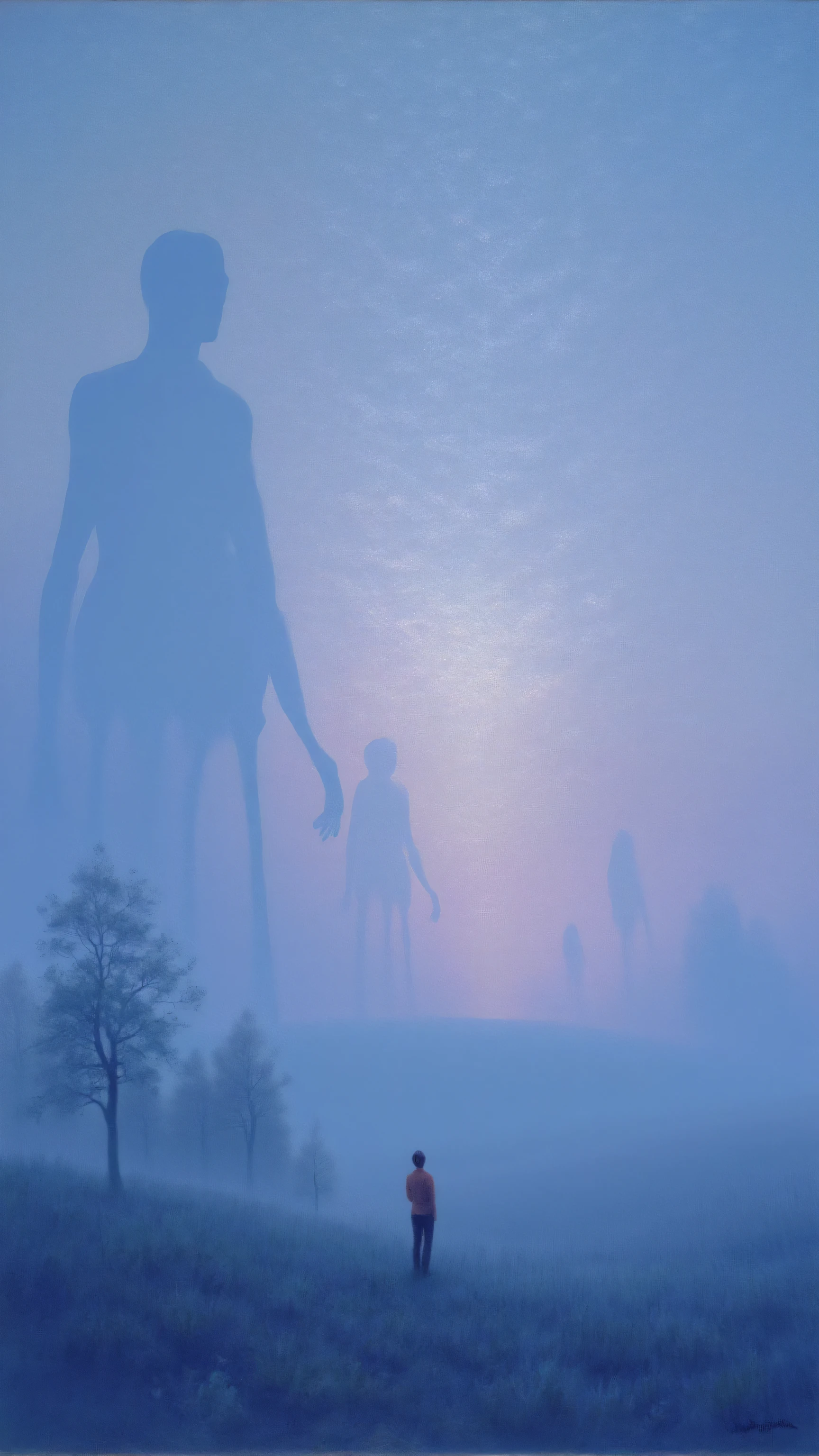 impressionist,are in reverse,Upward Shot,Smoky,A man looks up,Look at tall alien creatures blurry in the smoke,Long legs,round body。 blue, pink vibe。