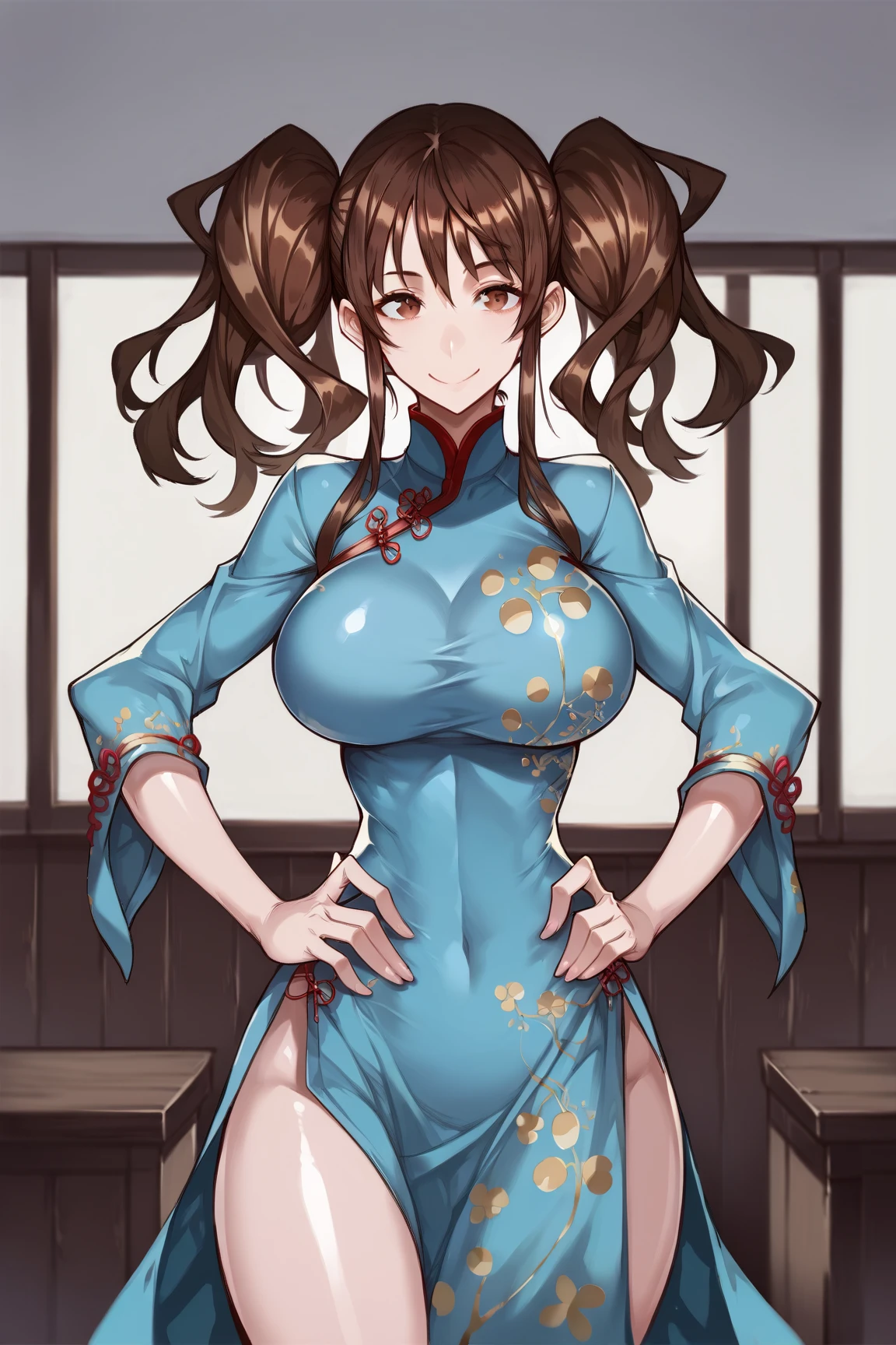 1個穿著藍色Tight cheongsam的女孩, shiny effect on clothes, Makoto_Ni Dao wearing blue cheongsam, Makoto_Niijima Ryo, Tight cheongsam, Flowers on clothes, (((A plump teardrop-shaped chest,)))Expose((Cleavage))
, dress without sleeve, Red Eyes, beautiful eyes, brown hair, Medium Length Hair, Bangs, crown braid, Medium Length Hair, blush, gentle smile, soft light, shiny fabric, Tights, Smooth fabric, sit, beautiful, 8K, Very high resolution