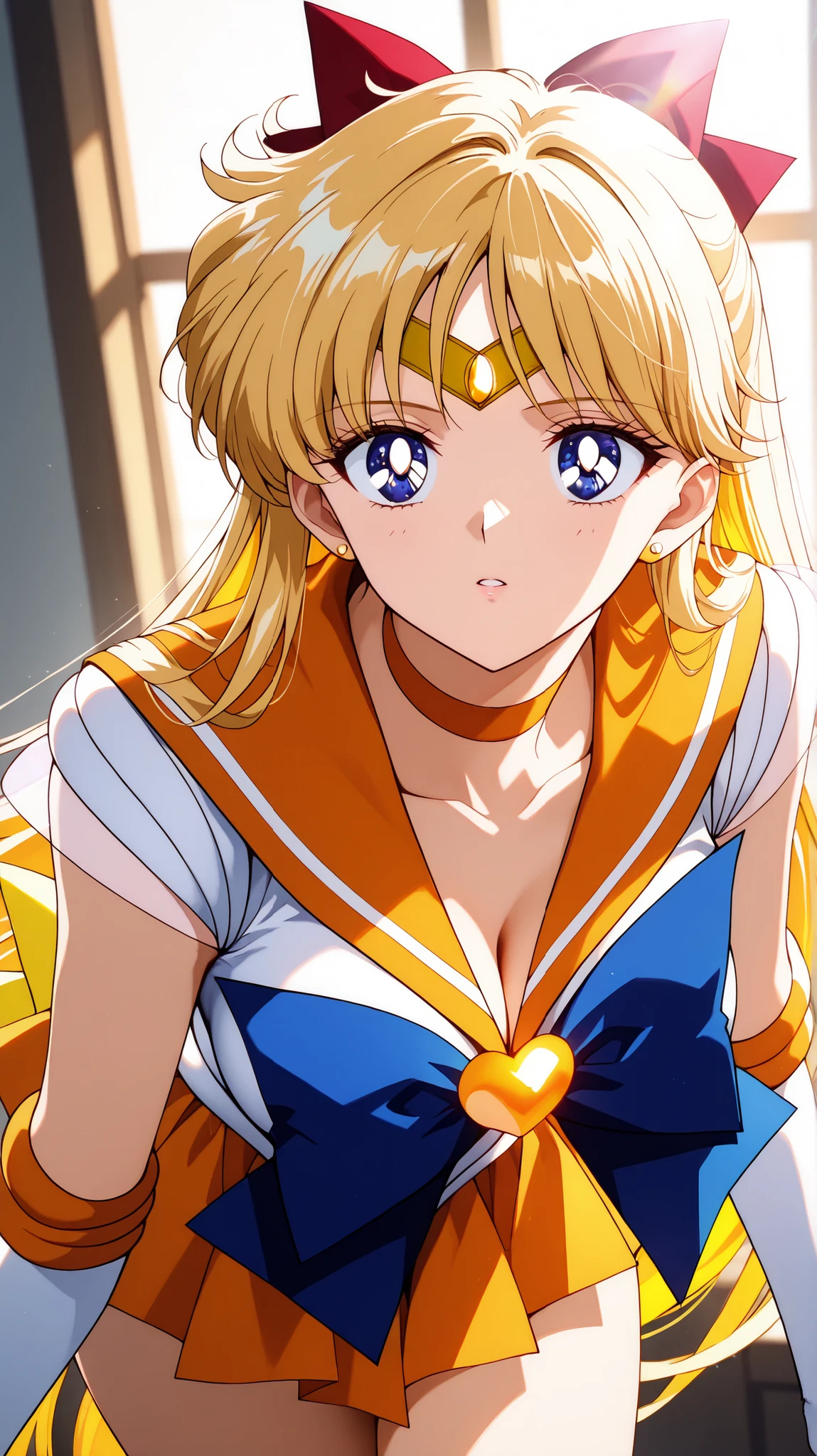 masterpiece, best quality, great quality, very aesthetic, high resolution, ultra detailed, Absard Dress, newest, 1 female, solo, Sailor Venus, (Sailor Marvenus costumes), chest, Butt, Thighs, deep, forward leaning posture, Watch Viewers, parted lips, golden hair, (mottled sunlight:1.2), rimlight, Dutch angle, portrait taken by Kanomi, face focus, head focus, close-up, emphasizes high quality fabrics, lips, close photorealistic details, detailed eyes, detail hair , detailed face, depth of field, volumetric lighting,score_9, score_8_up, score_7_up, score_6_up, score_5_up, score_4_up, digital illustration , anime style 、masterpiece, best quality, great quality, high resolution, very aesthetic, high resolution, Super Detail, Perfect Details, official art