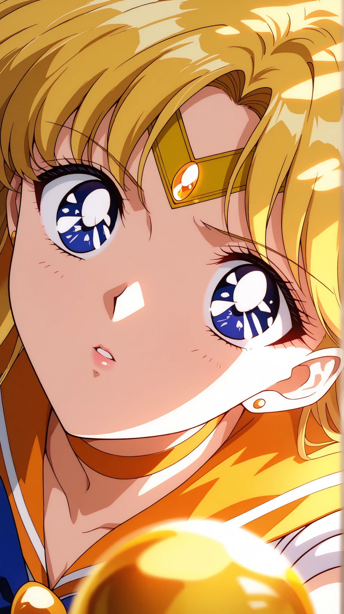 masterpiece, best quality, great quality, very aesthetic, high resolution, ultra detailed, Absard Dress, newest, 1 female, solo, Sailor Venus, (Sailor Marvenus costumes), chest, Butt, Thighs, deep, forward leaning posture, Watch Viewers, parted lips, golden hair, (mottled sunlight:1.2), rimlight, Dutch angle, portrait taken by Kanomi, face focus, head focus, close-up, emphasizes high quality fabrics, lips, close photorealistic details, detailed eyes, detail hair , detailed face, depth of field, volumetric lighting,score_9, score_8_up, score_7_up, score_6_up, score_5_up, score_4_up, digital illustration , anime style 、masterpiece, best quality, great quality, high resolution, very aesthetic, high resolution, Super Detail, Perfect Details, official art