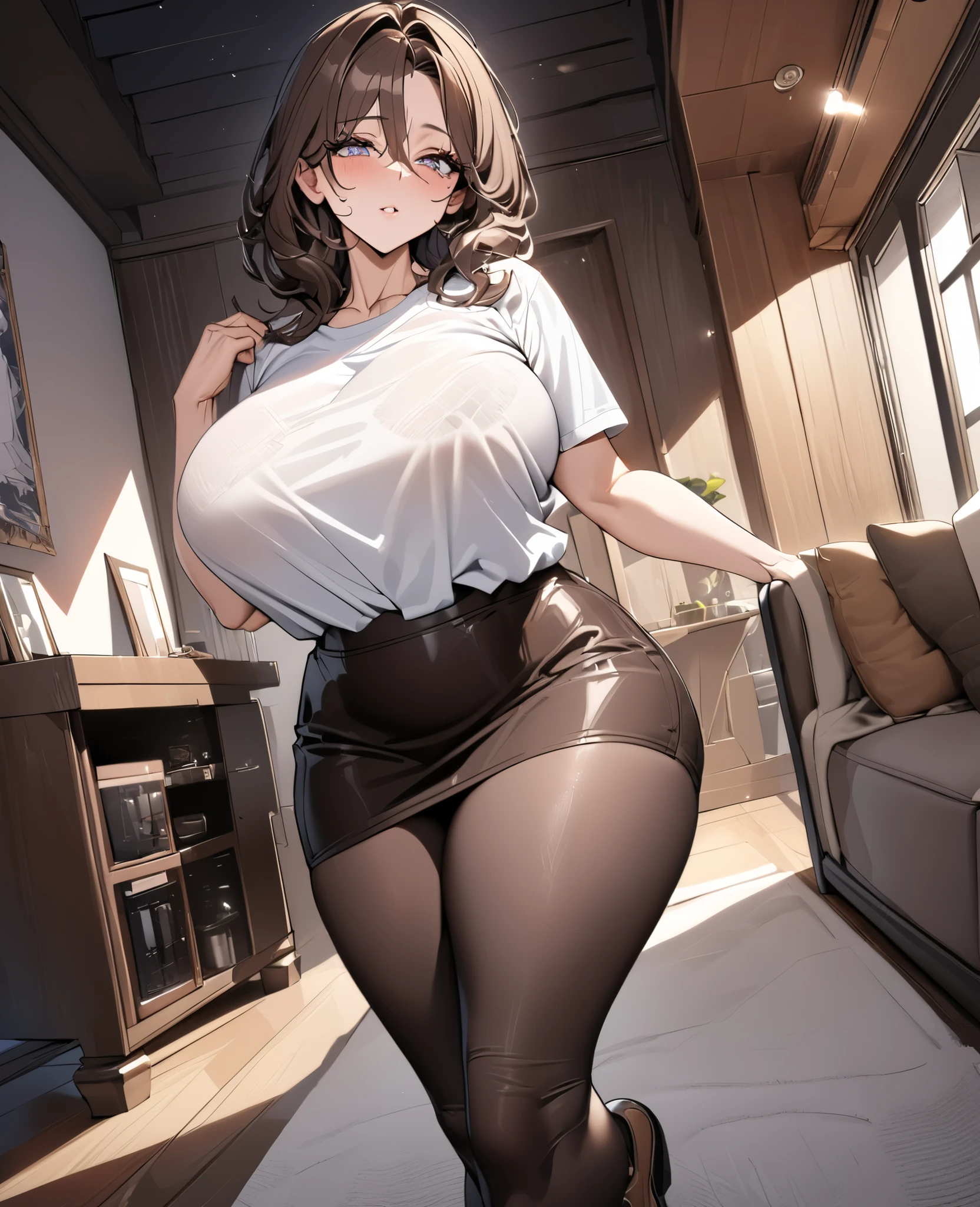 Best quality, 8k, master piece, masterpiece, best quality, ultradetailed, beautiful detailed eyes, beautiful detailed lighting, mature woman, milf, 40years old, brown hair, wide ass, big breast, beautiful face, detail face, detail eyes, clear skin, casual cloths, tight white t-shirts, skirt, in house, full body