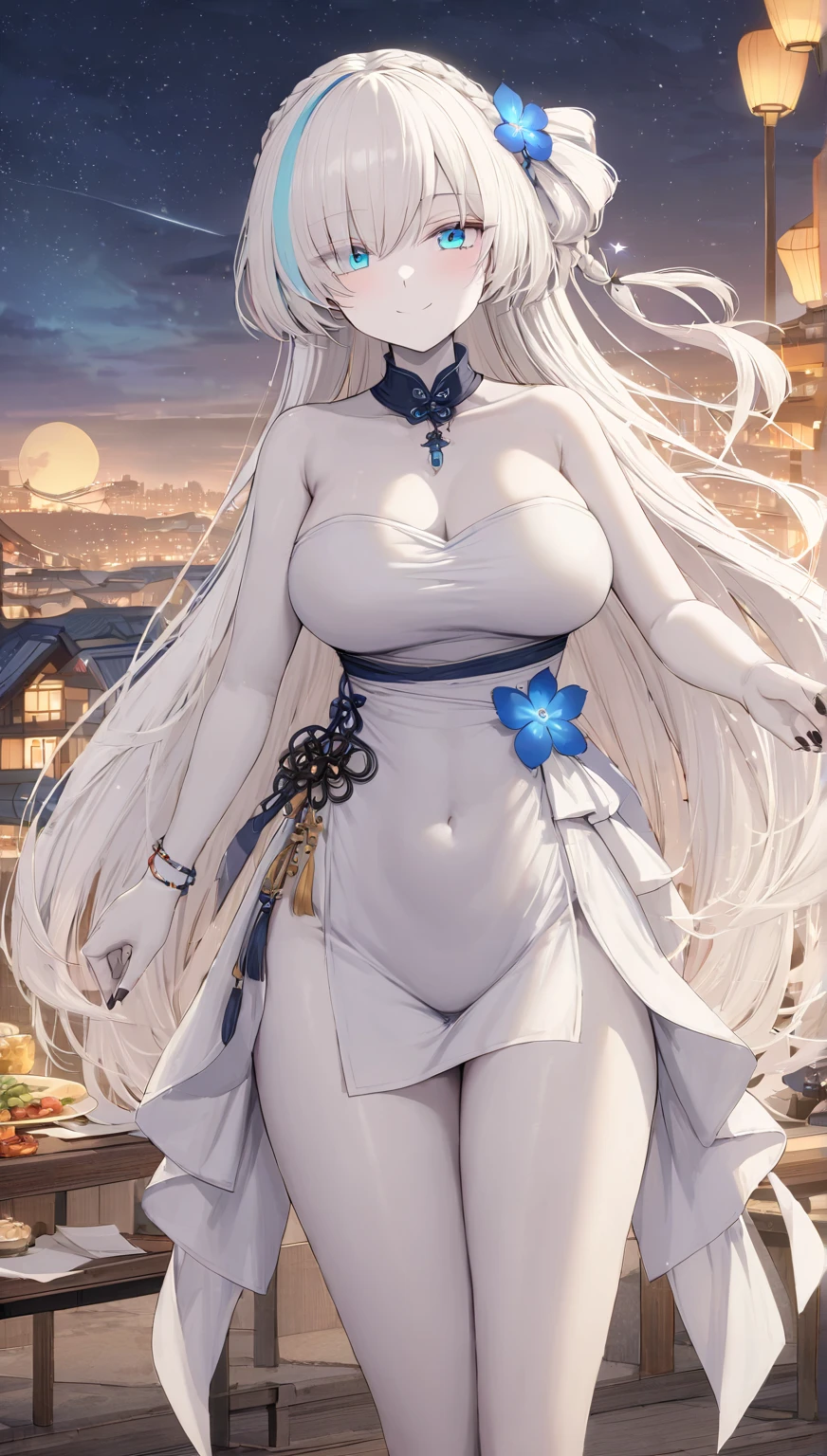 (masterpiece,best quality,ultra-detailed), an anime lady who is at 2, gentle and kind, young yet mature, beautiful, caring, dearing, loving, forgiving, protective, motherly onee-chan. She has ice white side-swiped bangs, ocean blue oval eyes, arctic fox ears and tail, wearing beautiful off-shouder kimono, standing seductively, showing off her curves, smiling at viewer in a nurturing expression, in a summer night