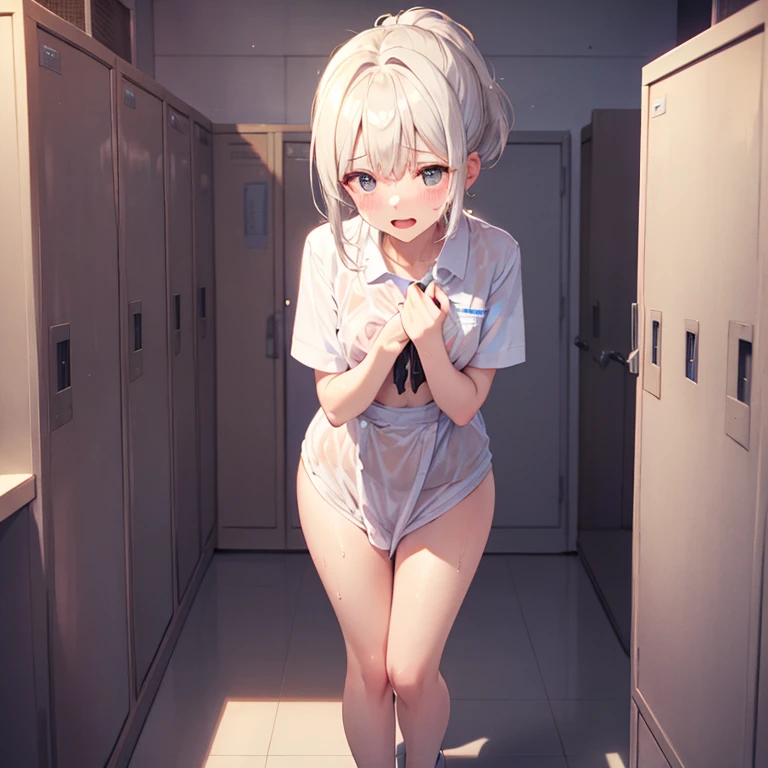((NSFW))、gray hair、beautiful girl、((sexual climax))、(((Pissing)))、standing pee、classroom、squat open legs
