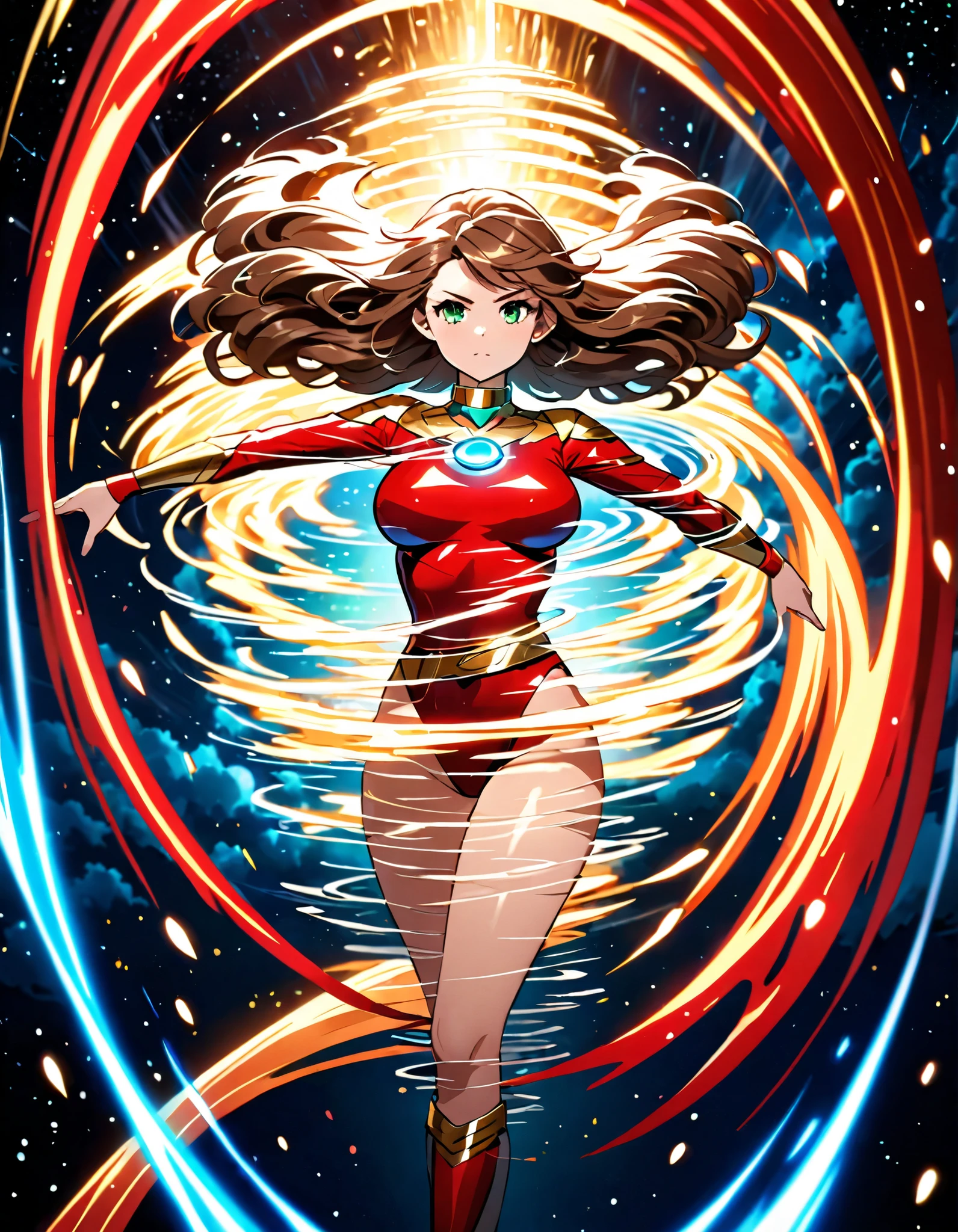 (masterpiece), (best quality), (high res), 1lady, tall body, beautiful detailed eyes, beautiful detailed face, serious, perfect hands, complete fingers, perfect anatomy, perfect proportions, ((brown hair, medium hair)), ((green eyes)), ((leotard, red leotard, matching leotard)), ((white dress collar, open collar)), ((bare legs)), ((boots, matching boots, ankle-high boots, red boots)), breasts, medium breasts, (full body portrait), looking at viewer, (solo, solo focus), cowboy shot, space backdrop, ((yellow V (symbol) on chest)), ((red leather jacket, open jacket)), full body costume design. ((raised arms, (spins fast) in place like a (tornado), raised arms, (legs together), (she spins) at an incredible speed, creating a whirlwind of air around her, cyclone spinning)), ((spiral lines, spinning energy pulse around her)). Curved Sword Slash.