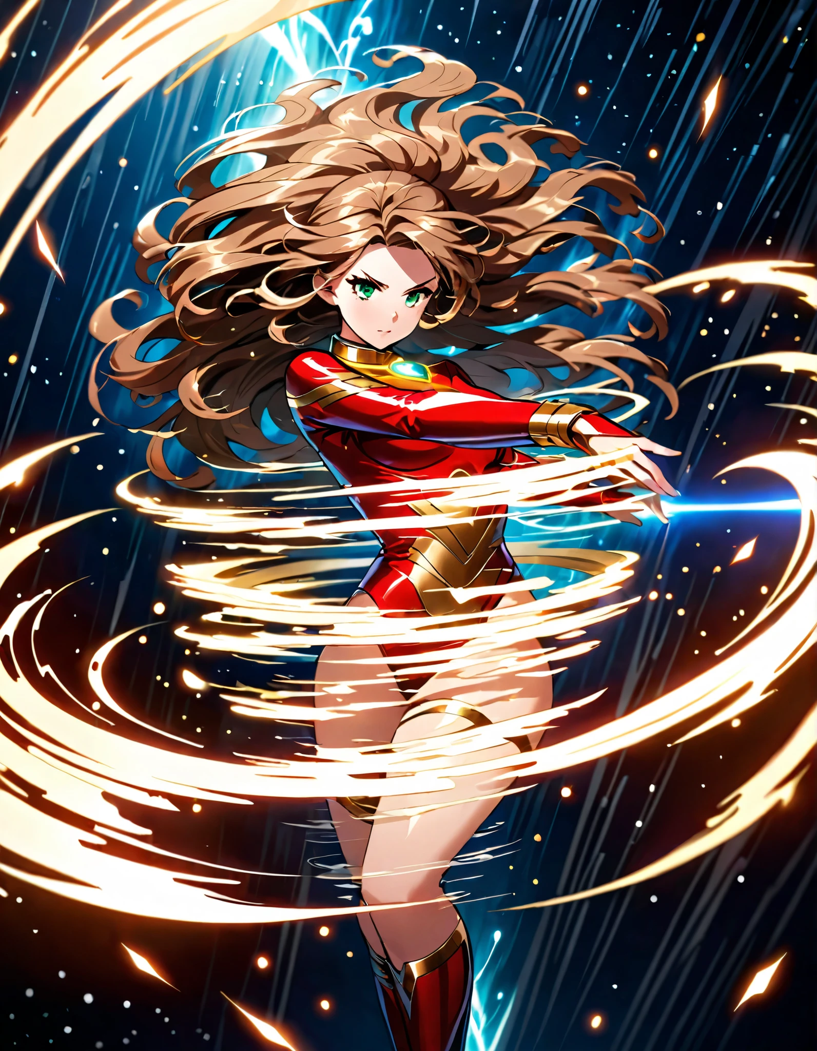Arti future anime. cowboy shot, dirty woman supervillain standing on a cliff, stormy night, wet messy hair over eyes, red eyes, detailed brown leotard, golden tight belt, bare legs, matching boots. vixip, close-up landscape, angry. Hand drawing, cinematic lighting, highly detailed. White, brown, red. Perfect composition, masterpiece, best quality, 4k, sharp focus. perfect anatomy. (body infused with lightning) powering up, outstretched arms.