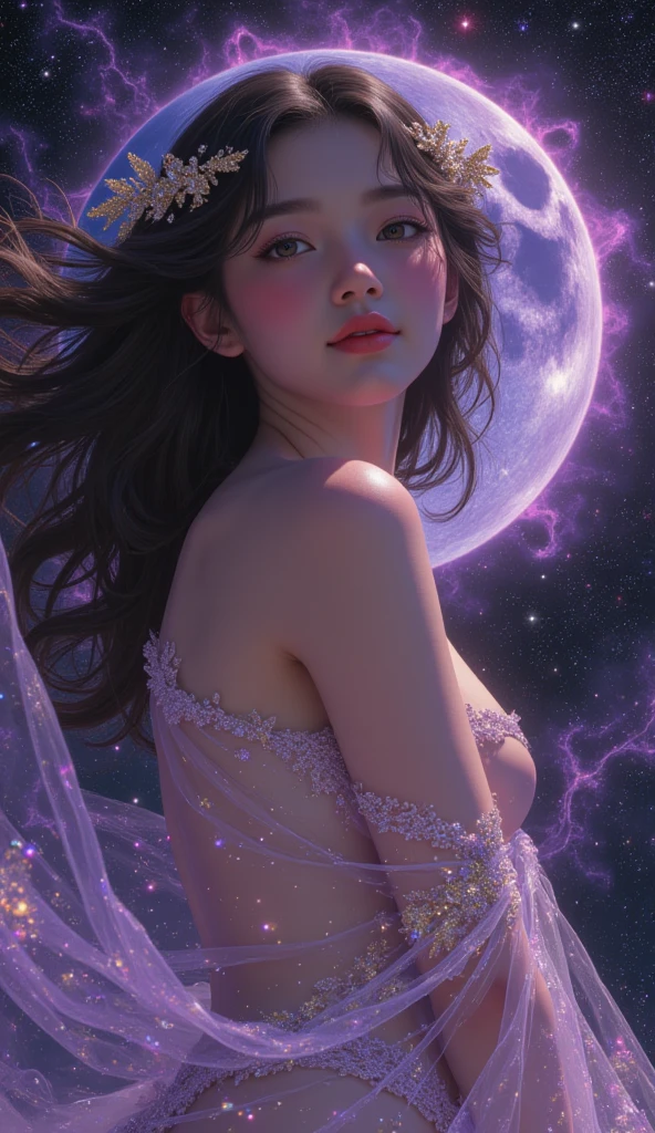 extreme detail, multi-layered composition, girl standing near a cliff, pretty girl, cleavage, pretty legs, lacy clothes, shooting star, surrounded by colorful flowers, night sky with glowing stars and moonlight, realistic shadows, immersive environment, accurate hands and fingers, volumetric lighting, rich color palette, detailed textures, long hair, skimpy clothes, detailed face, realistic