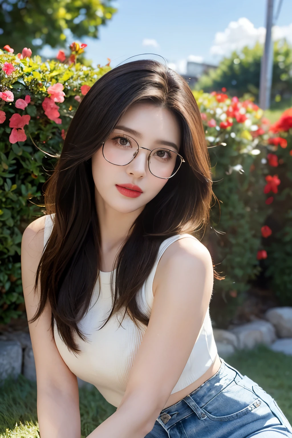 A captivating solo shot of the actress, bathed in warm golden light from above. The medium-angle frame showcases her toned physique, highlights dancing across her left side, as she sits comfortably on a rock amidst lush green grass. Her white sleeveless knit crop top and blue jeans accentuate her confidence, while glasses perched on her nose add a touch of sophistication. Her short brown hair with fringe frames her stunning face, big brown eyes locking gazes directly with the viewer, and a radiant smile painting deep red lips against a blurred backdrop of vibrant flowers and a bright sky dotted with white clouds, evoking a serene summer morning atmosphere.