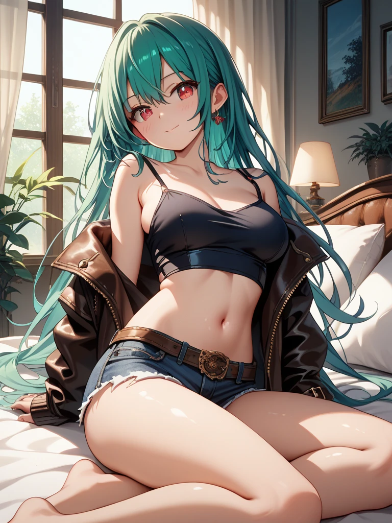(masterpiece, best quality), 1girl, bed sheet, messy hair, unbuttoned shirt, unbuttoned shorts, pajamas, shiny skin, teal hair, twintails, white eyes 
