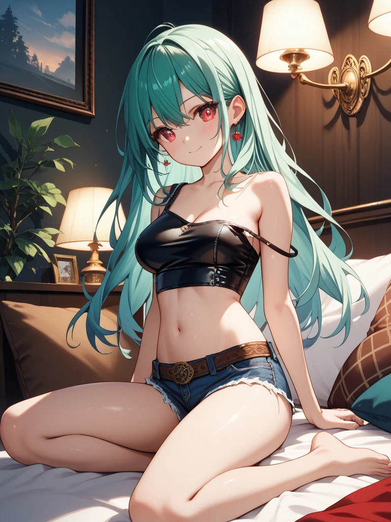 masterpiece,Ultra-high resolution、Highest quality、Sexy pose、Dimly lit bar background at night、Create a dreamy and magical atmosphere、Lime green hair、Tie your hair back:1.2, Pink Eyes, Sexy look、Tilt your head、Tanned dark skin、Large gold earrings and necklace:1.5,、Model walking、Small breasts、The body is very slim、skinny、White lace panties、Tight waist、Thin thighs:1.8、Spread your legs,Cowboy Shot、White off-shoulder bikini,White boyleg shorts、A little bit of her white panties are visible、Black thighhighs:1.8、Underwear Focus