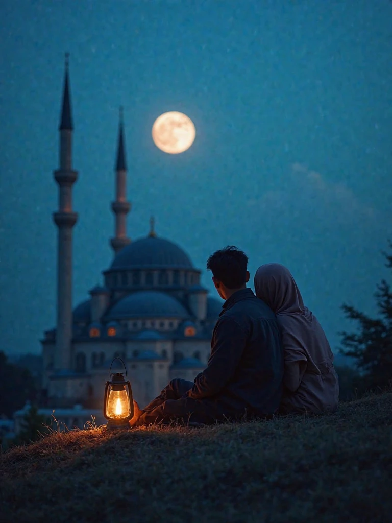 Islamia style for very beautiful lady wearing islamic uniform with hijab with handsome man together in the beautiful moon night, they looking happy and blessed