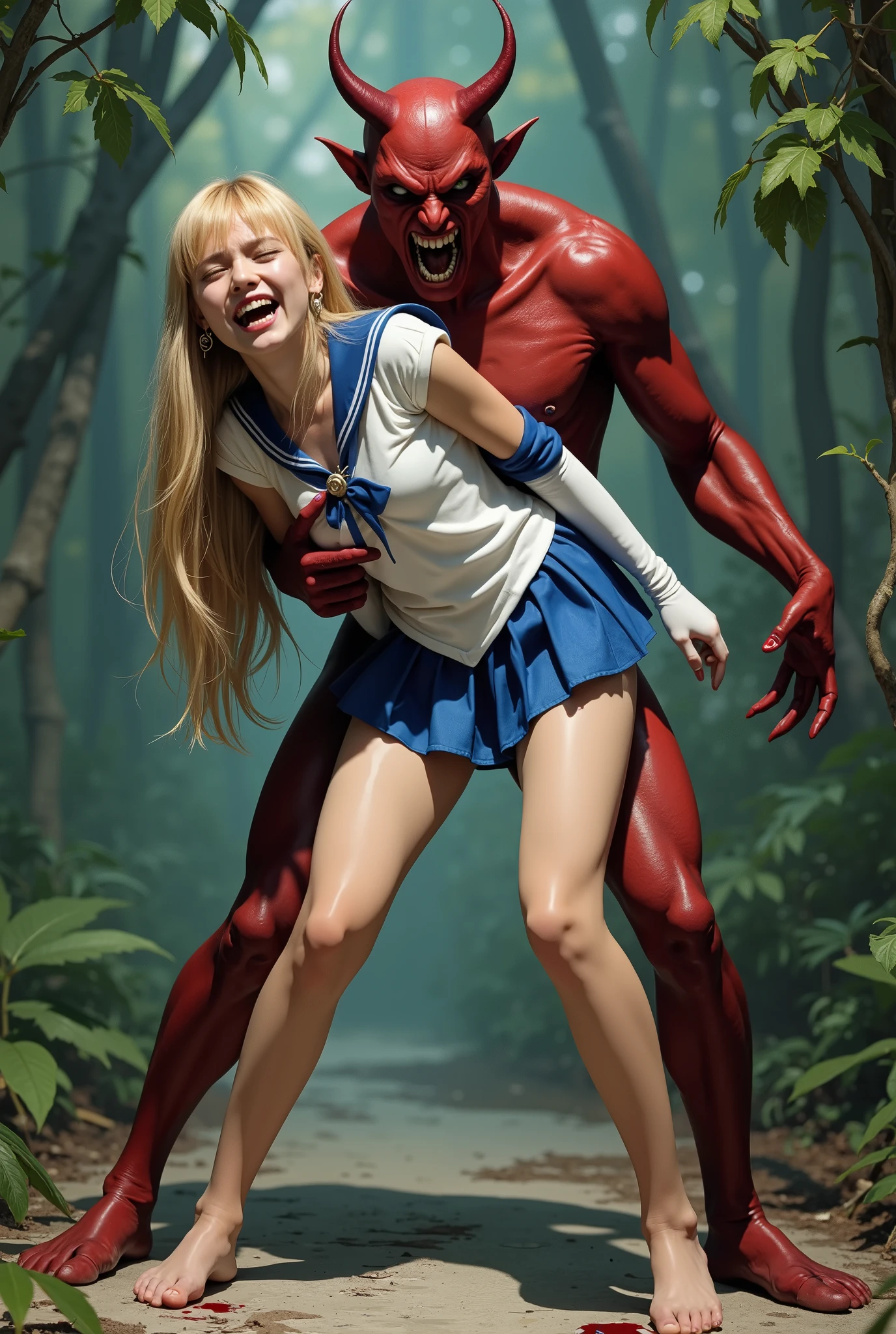 Hyperrealism, masterpiece, highest quality, A young Japanese woman is bending down and hugging from behind by a devil, ((she is crying and screaming in pain)), a bit of blood on her inner thighs, tears from her eyes, painful face, she is wearing a Sailor Moon costume, Blue sailor collar, Blue short mini pleated skirt, she is wearing a very short blue mini pleated skirt, (upskirt:1.8), Long white gloves, shiny beige color pantyhose, Exposed thighs, red long boots, big choker, long blonde Hair, a devil is standing sexual assault her from behind, the devil is hugging her tightly and push his private part into her skirt, her clothes are torn off, in the jungle,