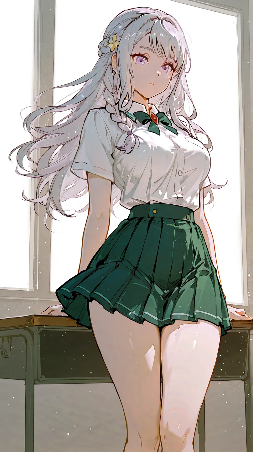 High school girl with silver hair ponytail、Green plaid skirt、white blouse and green tie、white stockings、White garter belt、Best Quality、masutepiece、Leather bags,Pleasant look、red blush