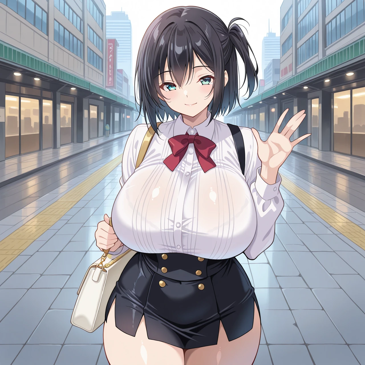 ((Table t○p, highest quality, Hi-Res Lucifer,Anime Screen Capture、Pixel perfect, 8k, nsfw)))、Perfect Anatomy、(((Huge breasts、Wide Hips、Wide ass)))、(((Bobcut、Blunt Bangs)))、(((Skirt flipped up by the wind、White Shirt、Black Mini Skirt、Blue striped panties、Skirt flipped up by the wind、Protector on knee)))、Hands on Hips、Sweat, vapor,(Yellow Eyes)、((Black Hair)), V-shaped eyebrows、 ((((smile、blush))))、(In town)