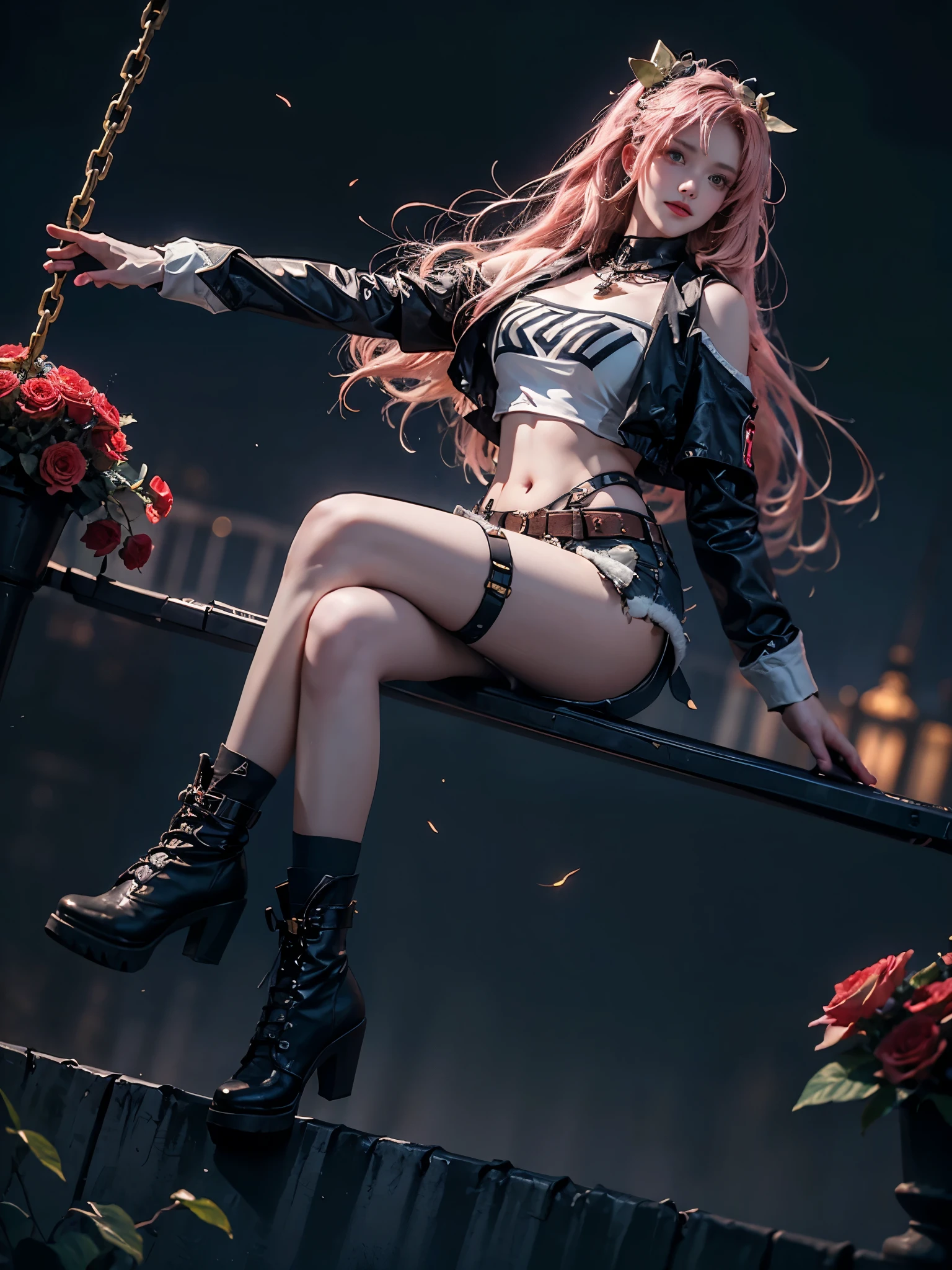 nicole cosplay costume,cosplay,long hair,pink hair,cropped jacket,print crop top,shorts,long sleeves,shoulder cutout,belt,thigh strap,ribbon,hair ribbon,hairclip,hair ornament,two side up,asymmetrical legwear,single sock,single thighhigh,torn legwear,boots,high heel boots ,, photorealistic 8k masterpiece,A graceful woman seated on a swaying garden swing,dynamic camera angle (1.4),(perfect anatomical proportions:1.3),one leg fully extended with pointed foot,other leg slightly bent at knee (natural leg curvature:1.2),slender toned legs with defined calf muscles (1.2),delicate ankles highlighted by soft moonlight,night garden filled with blooming roses and fireflies,warm bokeh background with depth of field,direct eye contact (1.15),realistic skin texture with subtle highlights on legs,gentle motion blur on swinging chains,romantic atmosphere enhanced by golden hour lighting,hyper-detailed fabric folds and floral elements