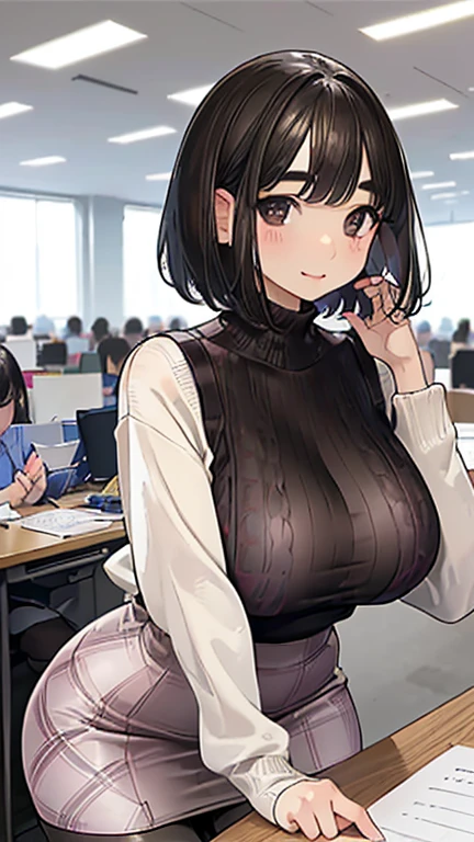 (masterpiece、highest quality、Super detailed)、1 girl、black hair、Bobcut、((9:1 Bangs))、((Brown eyes:1.3))、slightly thicker eyebrows、evil smile、pink lip、((very big breasts))、((white knit))、cleavage、((Plaid pencil skirt))、((black pantyhose))、cowboy shot、office