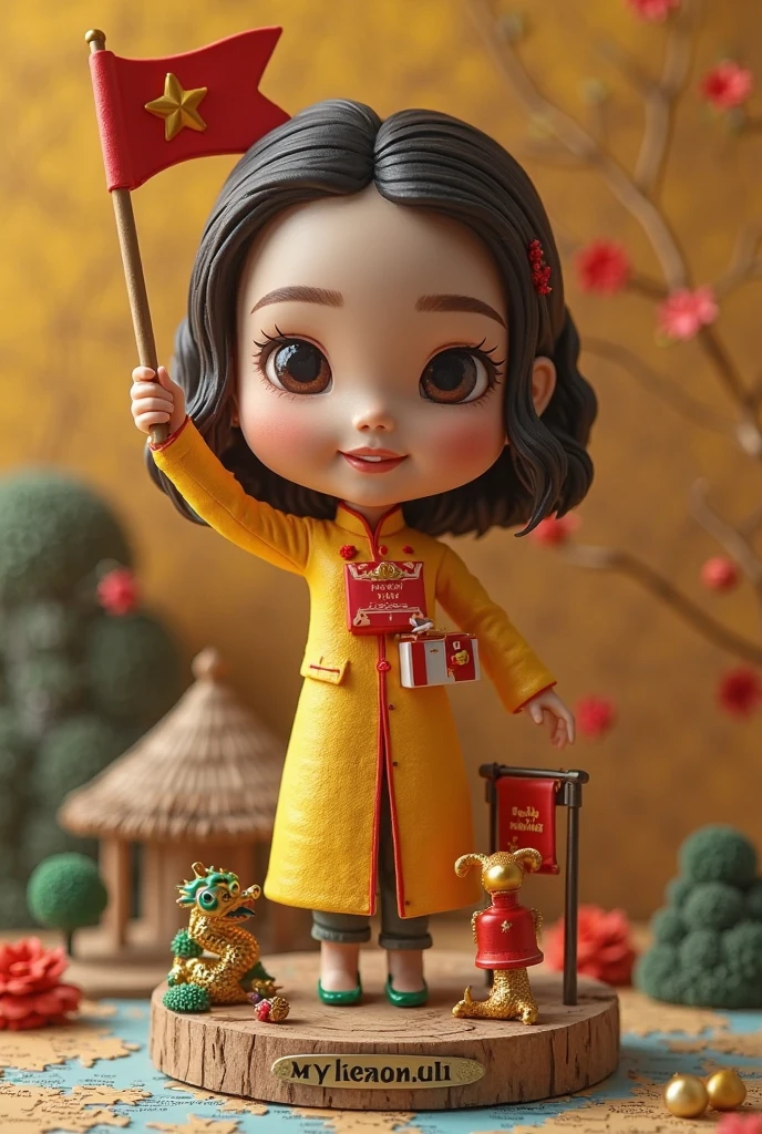 a beautiful baby cute girl in vintage bright colors traditional aodai viet nam, chibi style, city nigth, masterpiece, best quality, realistic:1.3, street, cyberpunk, sunlight, backlighting, artstation, intricate details, vignette, city night, antique car, Hoi An, Nón Lá or Conical Hat is a traditional Vietname