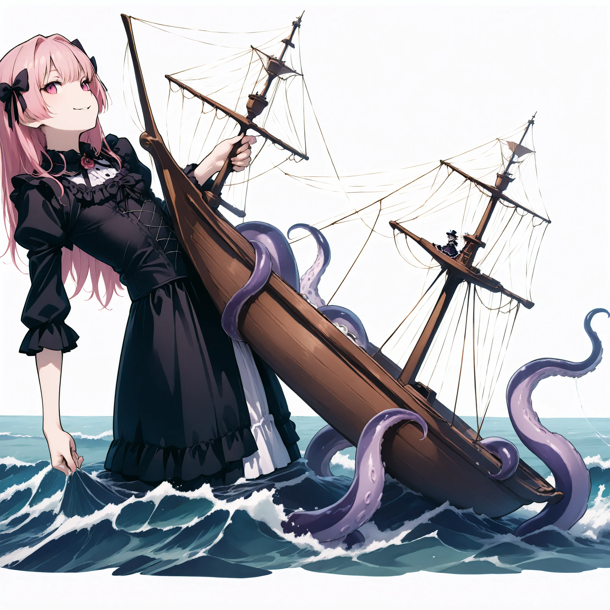 A giant girl leaning out of the sea. She's wearing a gothic dress. A dress with frills. An innocent laugh. Spider elements. Grab the ship and sink it. wooden boat. Tentacles extending from the sea. View from the ship.