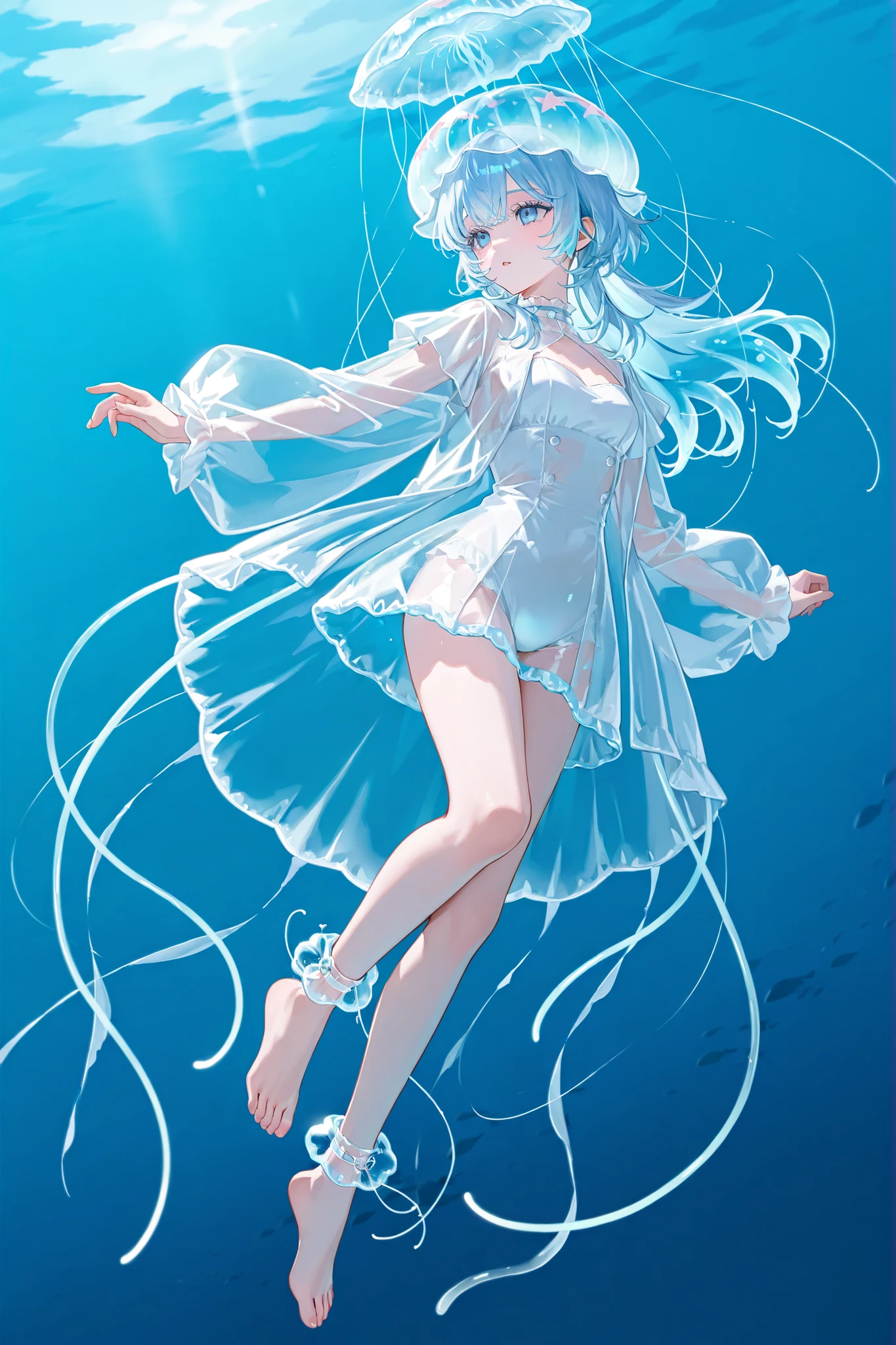 1 girl, solo, cute, long hair, wolf cut, sky blue hair, ((translucent jelly hair)), blue eyes, white themed costumes, a translucent coat, Barefoot, translucent hat, jellyfish hat, translucent dount ring ankle accessory, in the sea background