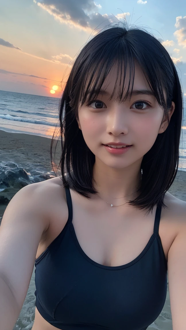 A girl with medium black hair,with friends on the beach