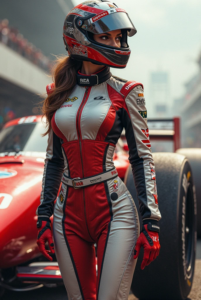A photorealistic image of Emma Myers woman, in a a race suit, at the racetrack, sport car in the back, neon lit city skyline, analog film grain, bokeh